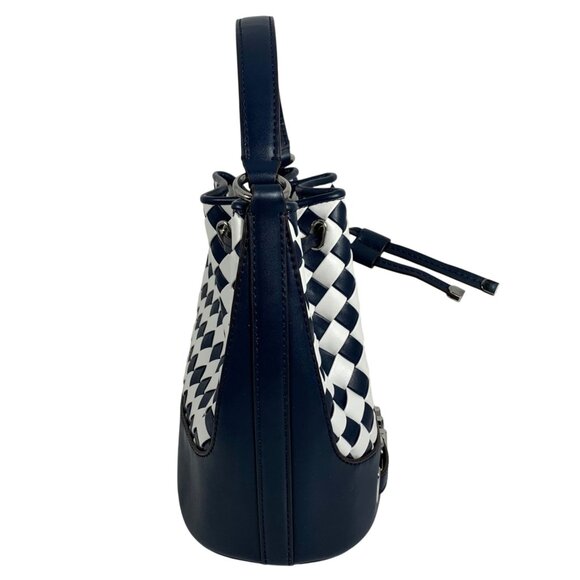 MICHAEL KORS Reed Belted Bucket Messenger Bag Navy/White Checkered Leather + Fob - Picture 4 of 10